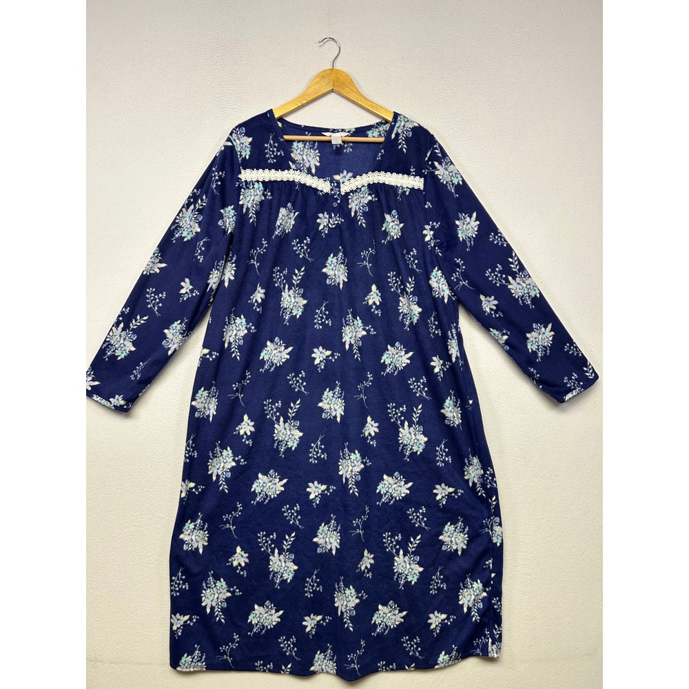Cottagecore Adonna Womens XXL Navy Blue Floral Fleece Lace Trim Nightgown